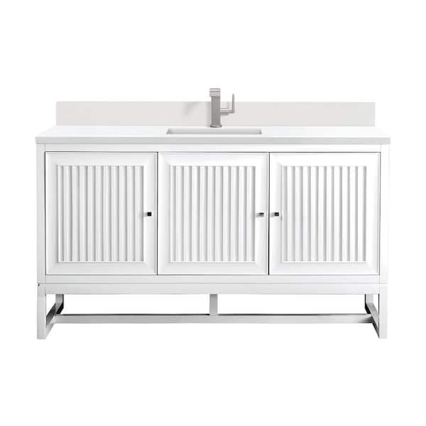 James Martin Vanities Athens 60.0 in. W x 23.5 in. D x 34.5 in. H Single Bathroom Vanity in Glossy White with White Zeus Quartz Top
