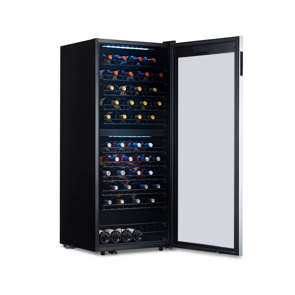 98-Bottle Black and Silver Dual Zone Wine Cooler with Glass Door