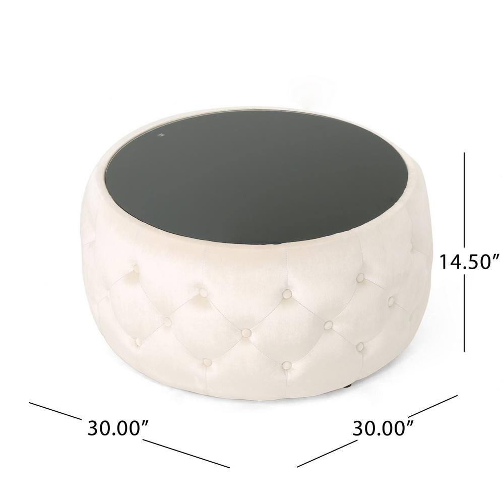 Elegant Round Beige Velvet & Glass Ottoman Coffee Table