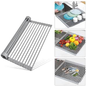 20.5 in x 13 in Roll Up Kitchen Sink Drying Dish Rack Foldable Drainer for Sink Counter Cups Fruits Vegetables In Gray