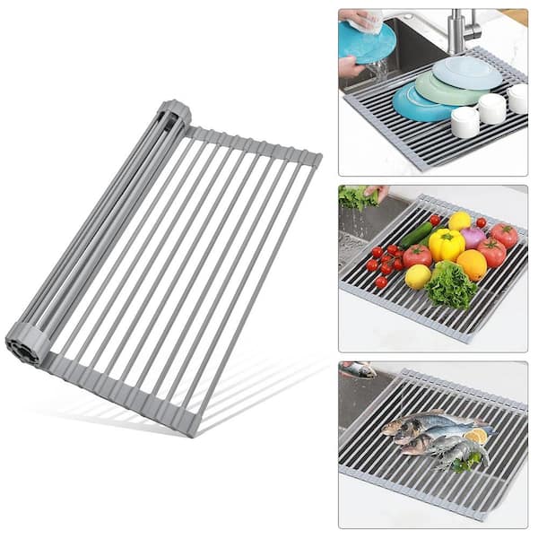 20.5 in x 13 in Roll Up Kitchen Sink Drying Dish Rack Foldable Drainer for Sink Counter Cups Fruits Vegetables In Gray