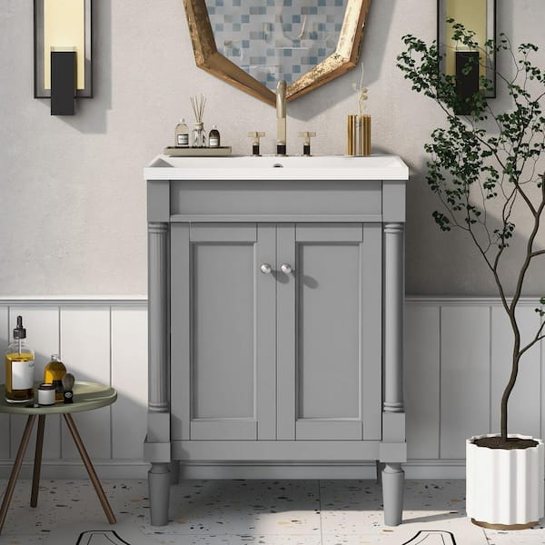 EPOWP 24 in. W x 18 in. D x 34 in. H Freestanding Bath Vanity in Gray with White Ceramic Top and Single Sink