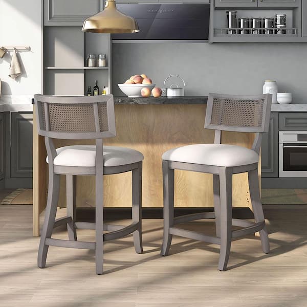 Claymore Gray Wash and Beige Solid Wood Woven Cane-Back Counter Height Chair
