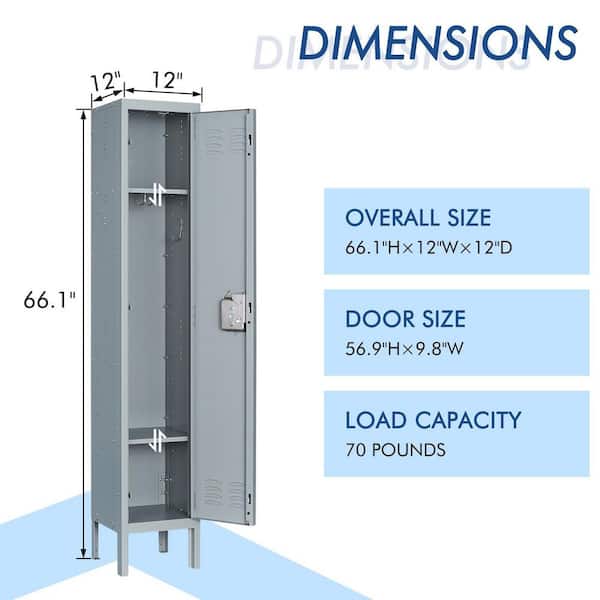 Mlezan DBDG202299G Metal Locker Cabinet Single Tier 12 in. D x 12 in. W x 66 in. H in Gray Steel for Gym School Changing Room - 3