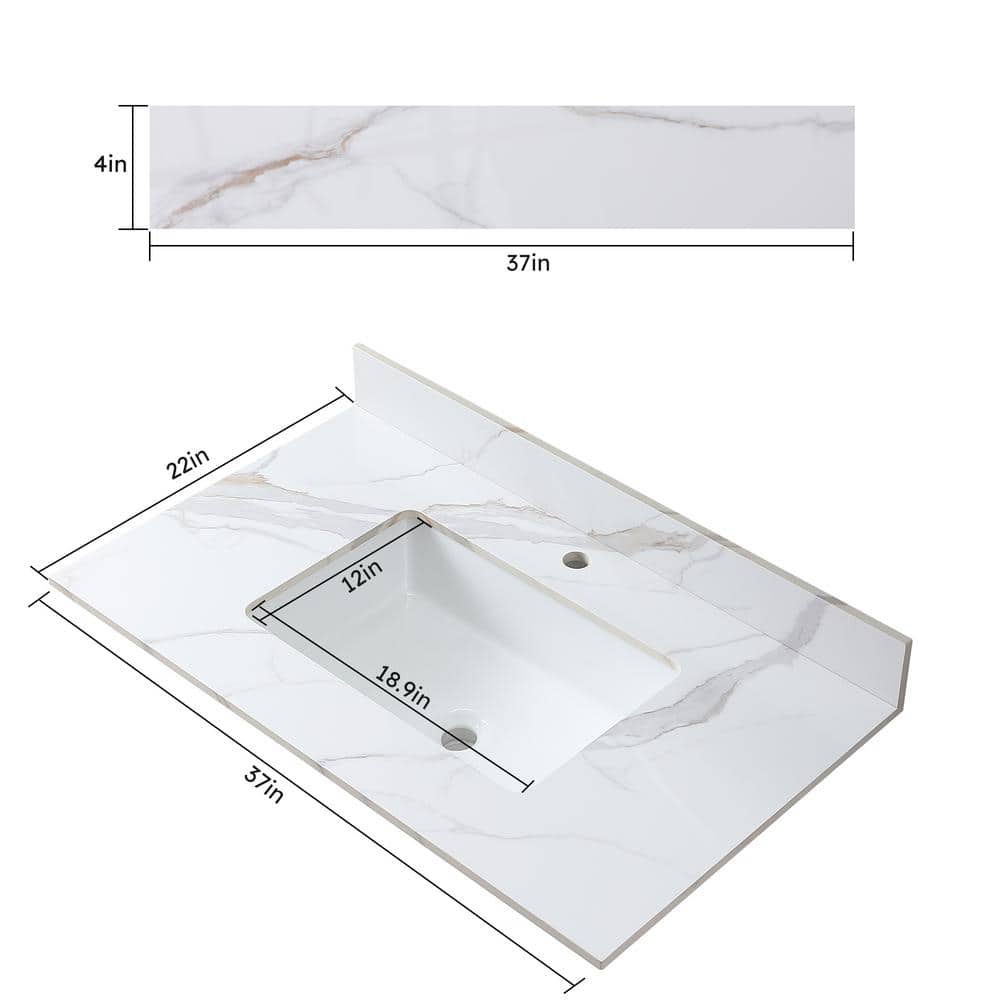 37 in. White Engineered Stone Composite Vanity Top with Rectangular Sink