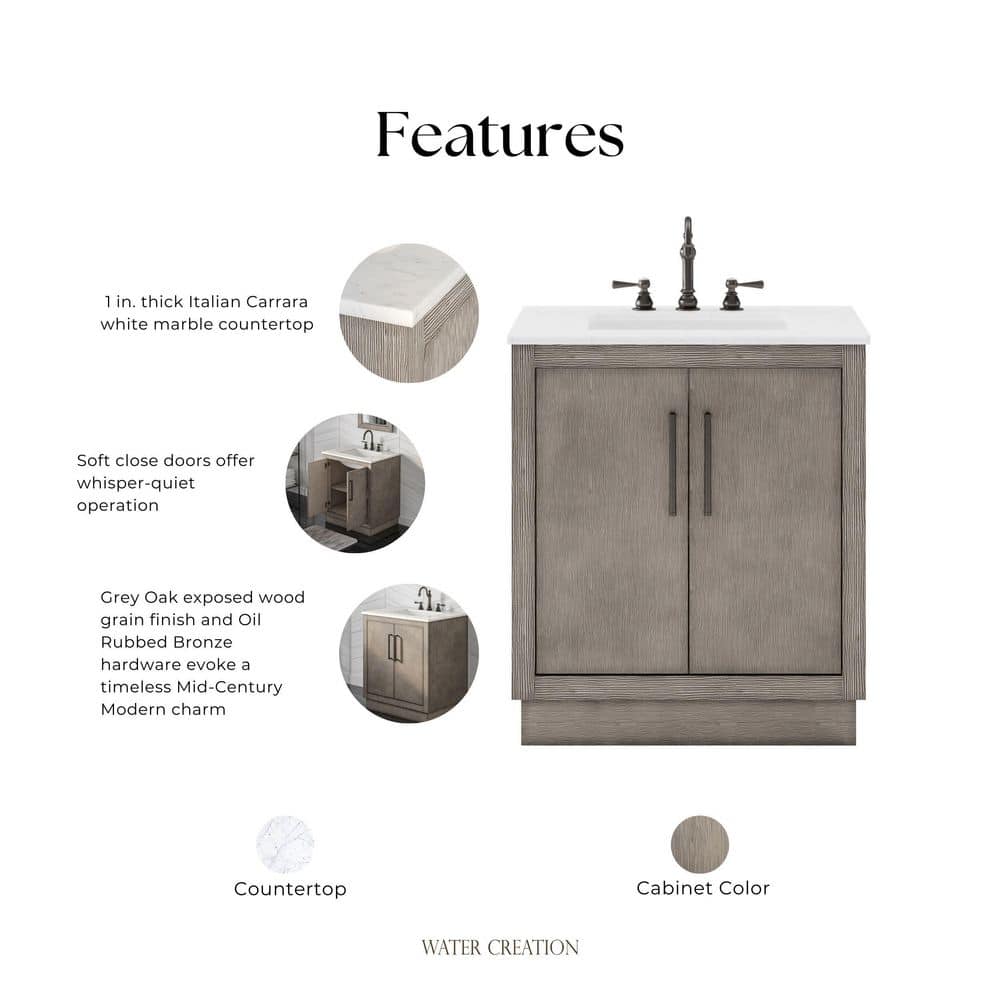 Rustic Grey Oak 30'' Freestanding Vanity with White Marble Top