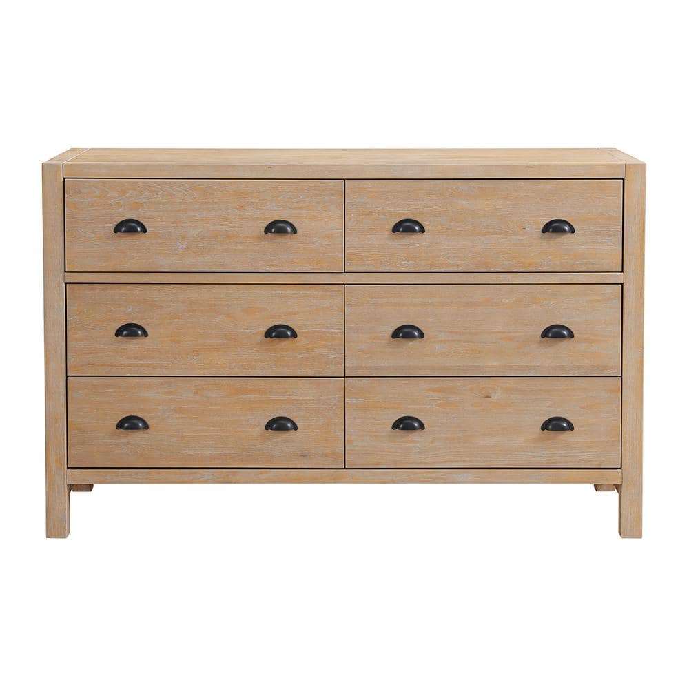 Farmhouse Light Brown Pine Wood Double Dresser with Deep Drawers