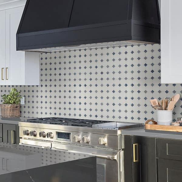 Azula Floret 12x12 in. x10 mm Polished Marble Mosaic Tile with White Marble and Blue Accents (10 sq. ft./Case)