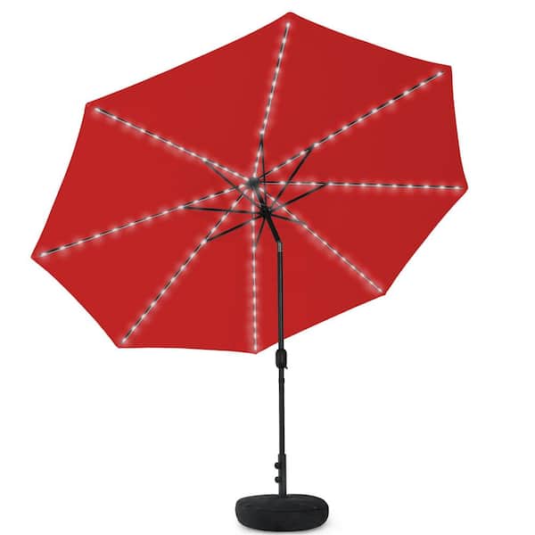 11 ft. Red Round Solar LED Metal Rotation Cantilever Offset Outdoor Patio Umbrella with a Base in Sand
