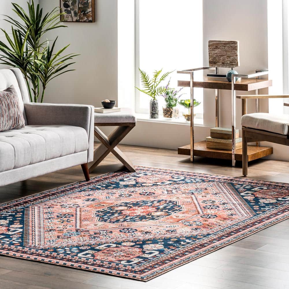 Blue and Beige Medallion Washable Synthetic Area Rug