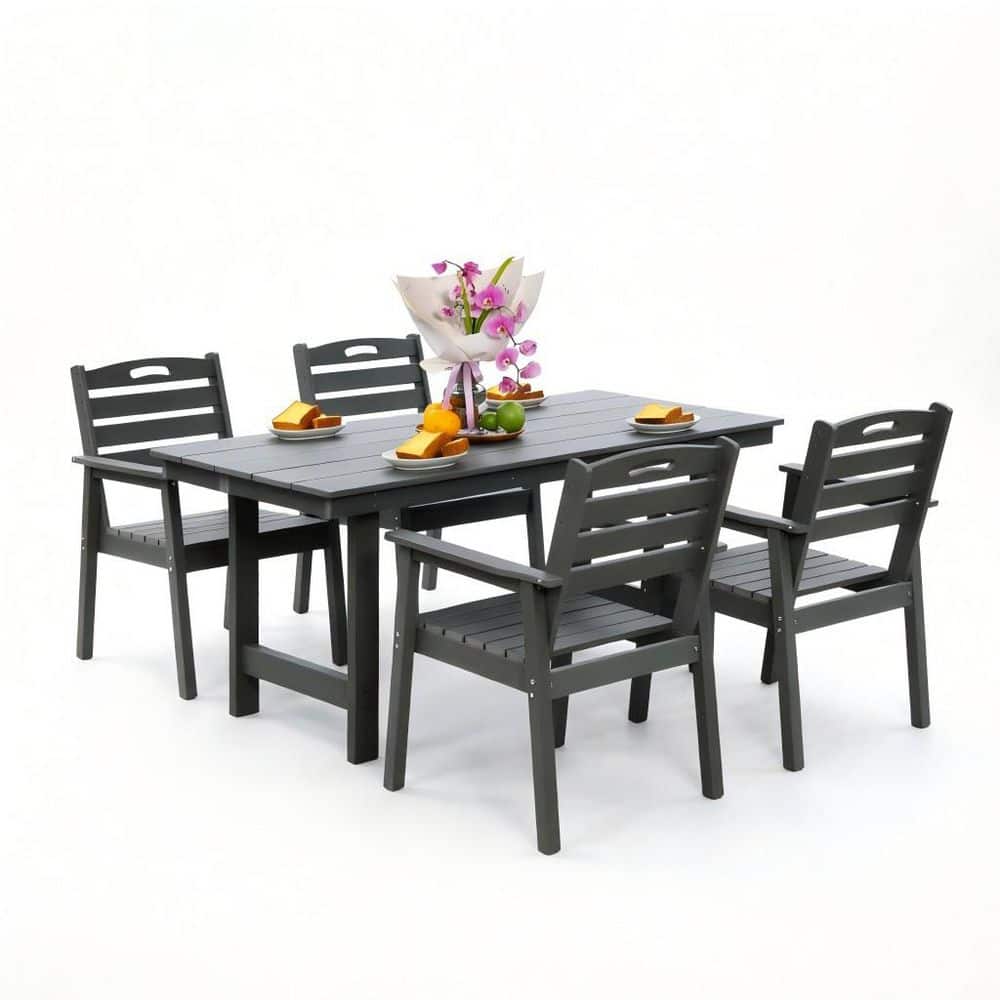 Grey Plastic Outdoor Patio Dining Set, Outdoor Dining Furniture with Sunshade Holes for Lawn, Garden, Backyard price history on PriceWatchPro