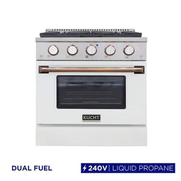 30 in. 4.2 cu. ft. Dual Fuel Range with Gas Stove and Electric Oven with Convection Oven in White and Gold