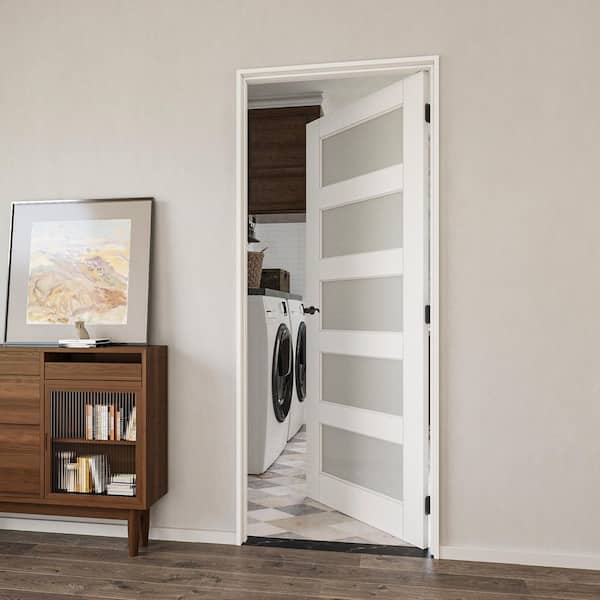 28 in. x 80 in. 5-Lite Frosted Glass Right White Solid Core Glass Single Prehung Interior Door with Quick Assemble Jamb