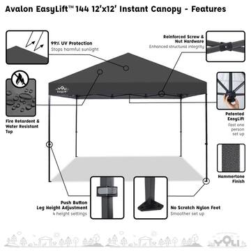 Yoli Avalon EasyLift 12 ft. x 12 ft. Instant Pop-Up Canopy Tent with Wheeled Carry Bag and Bonus 4 Anchor Bags AVLN144GRAYANCR