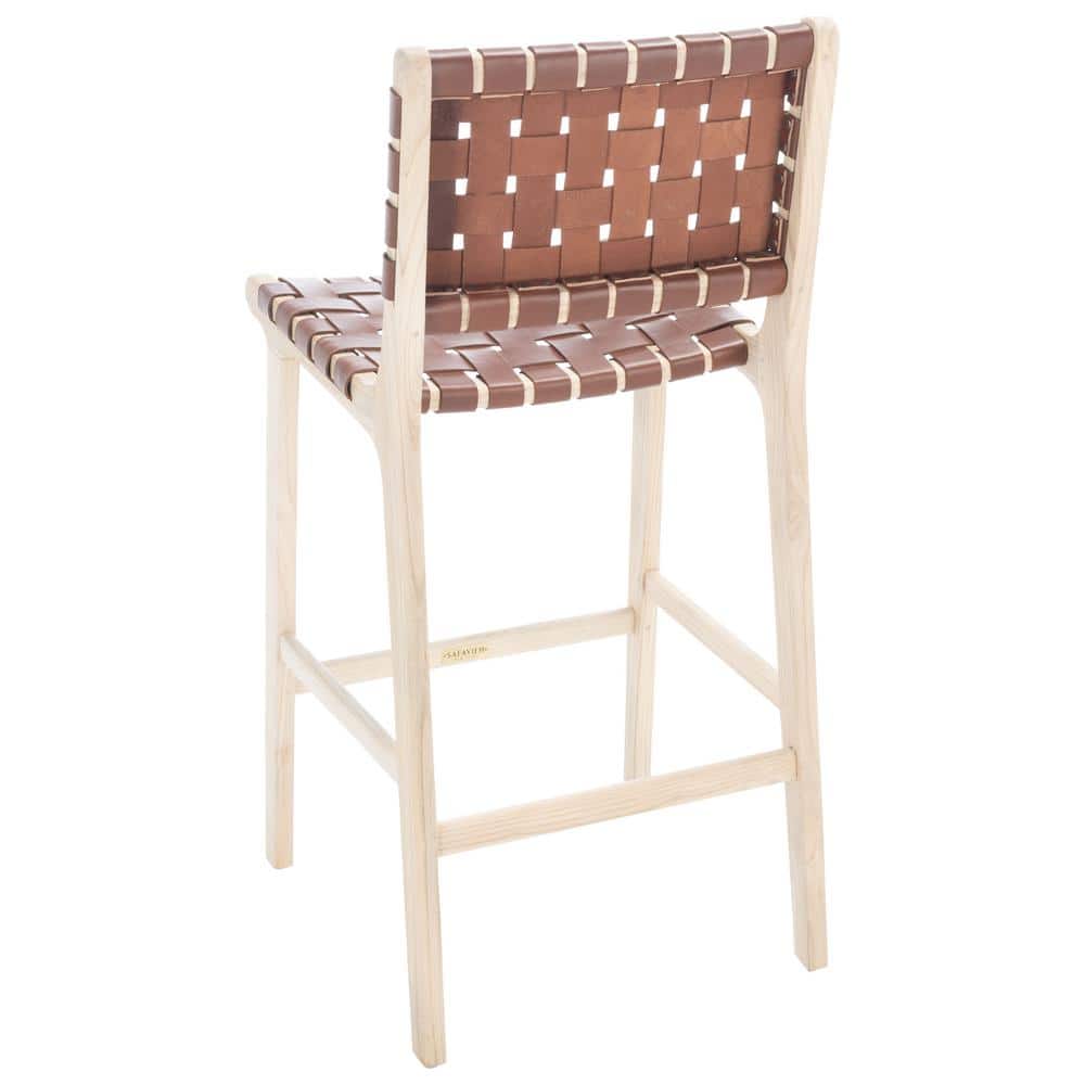 Cognac Leather and Natural Wood Counter Stool
