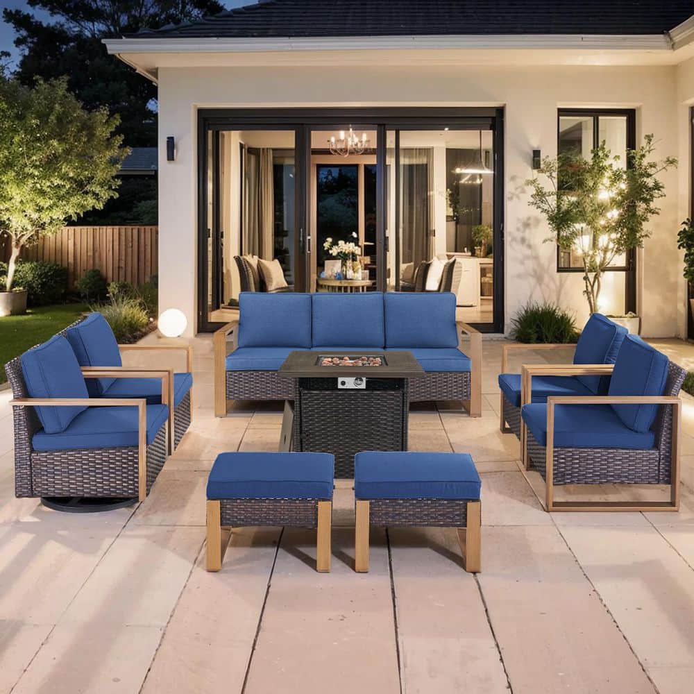 Cube Edge 8-Piece Brown Wicker Fire Pit Conversation Set with Olefin Blue Cushions and Couch/Patio Swivel Chairs price history on PriceWatchPro