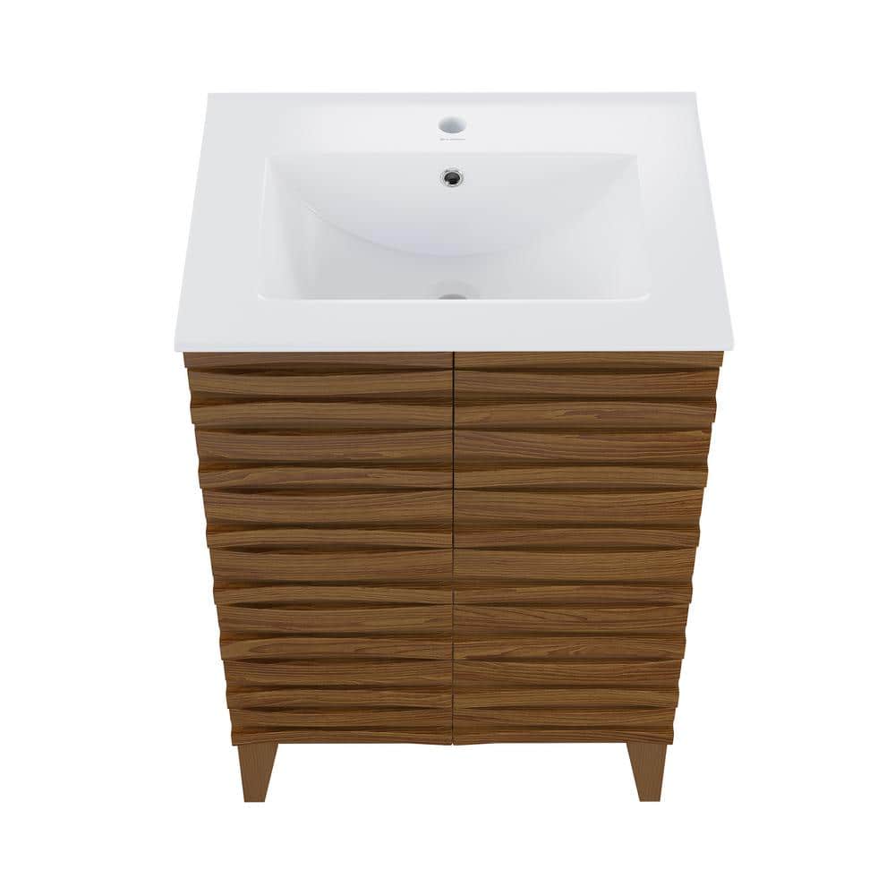 Cascade 24" Brown Oak Freestanding Bathroom Vanity with White Ceramic Top