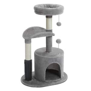 Small and Medium Cats Tree 32.7 in. Cat Tower with Self Groomer Brush Sisal Scratching Post Dangling Ball in Grey