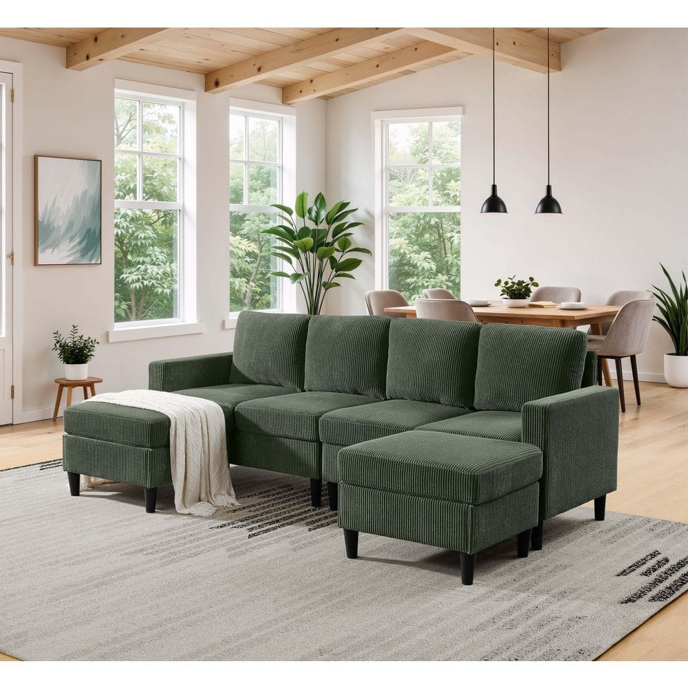 Piper Modern 101 in. Square Arms 6-Piece Corduroy Modular Sectional Sofa in. Dark Green with 2 Ottomans