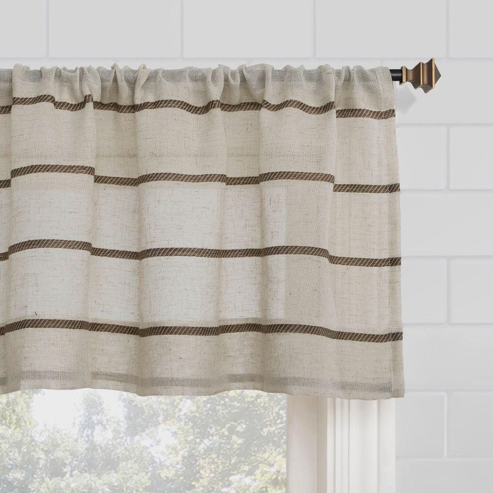 Mocha Linen Striped Sheer Cafe Kitchen Curtains, 52" x 36"