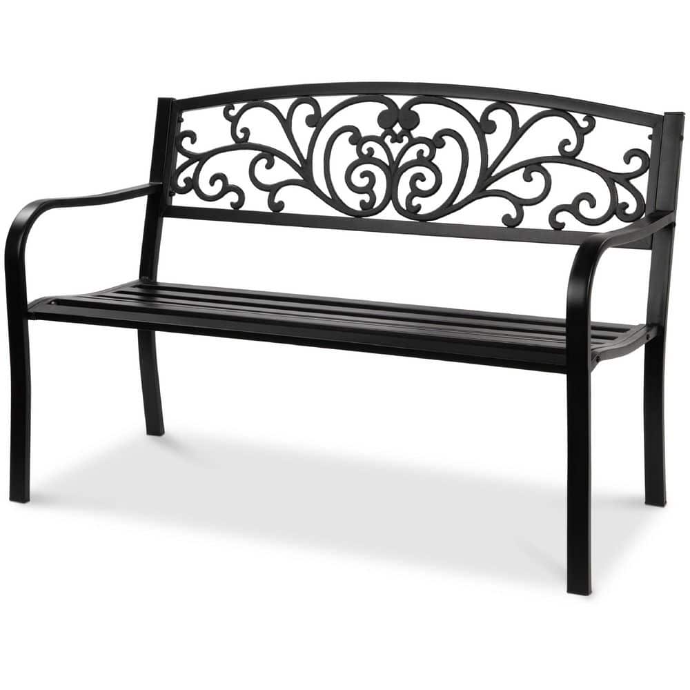 50 in. 3-Person Black Metal Outdoor Bench with Floral Design