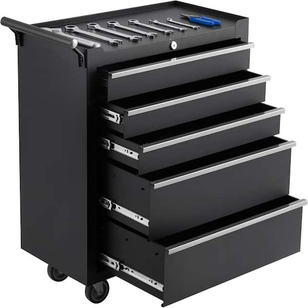 Black 5 Drawers Tool Chest Tool Storage Cabinet with Wheels and Lock, Portable Tool Cart Organizer for Garage Workshop