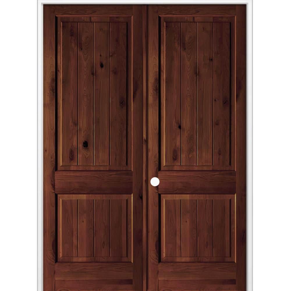 72 in. x 96 in. Knotty Alder 2-Panel V-G Solid Wood Right-Active Behr Red Mahogany Stain Double Prehung Interior Door price history on PriceWatchPro
