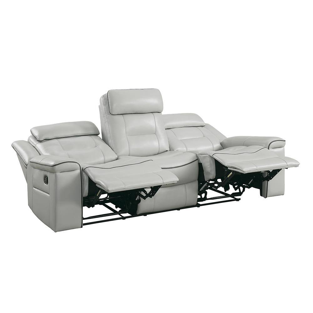 Modern Light Gray Faux Leather 88.5" Reclining Sofa with Wood Accents