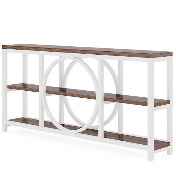 BYBLIGHT Turrella 70.9 in. Brown Rectangle Wood Console Table, Extra Long Sofa Table with 3-Tiers Shelves and White Metal Frame