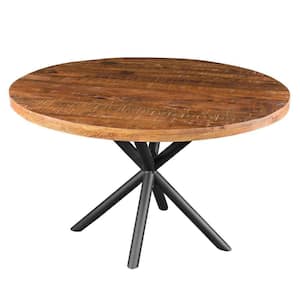 48 in. Round Natural Brown and Black Mango Wood Top Handcrafted Dining Table with Iron Crisscrossed Legs (Seats 4)