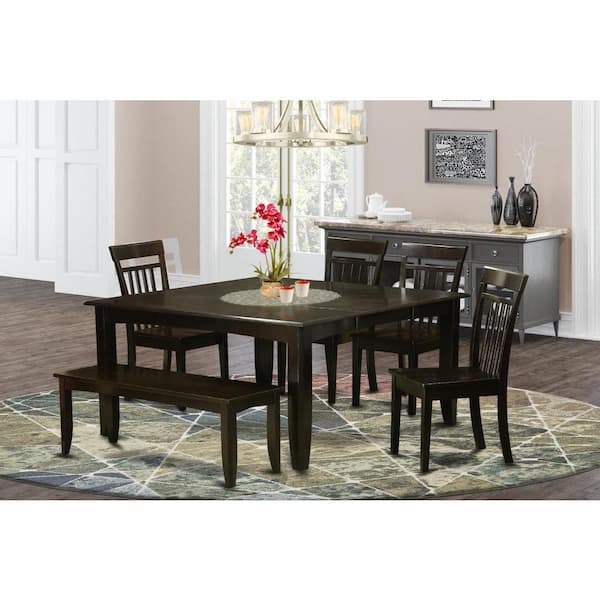 East West Furniture 6-Piece Square Cappuccino Finish Solid Wood Top dining Table with 1-Bench and 4-Chairs with Lattice Back