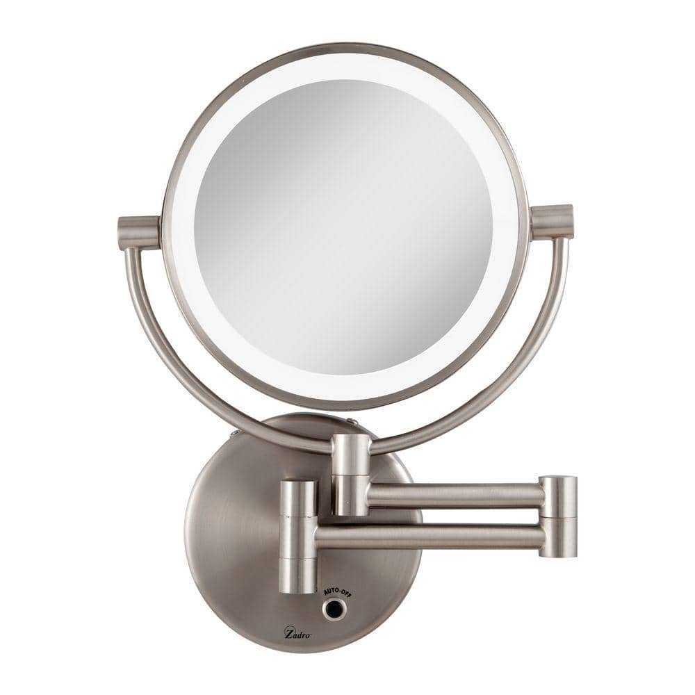 Zadro 12 in. L x in. W LED Lighted Round Wall Mount Bi-View 5X/1X  Magnification Plugin Beauty Makeup Mirror in Satin Nickel LEDMW45 The  Home Depot