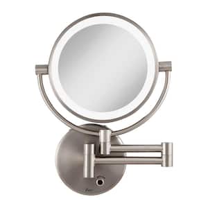 12 in. L x 9 in. W LED Lighted Round Wall Mount Bi-View 5X/1X Magnification Plugin Beauty Makeup Mirror in Satin Nickel