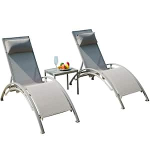 Set of 3 Adjustable Pool Lounge Chair Aluminum Outdoor Lounge Chairs with Metal Side Table All Weather in Gray