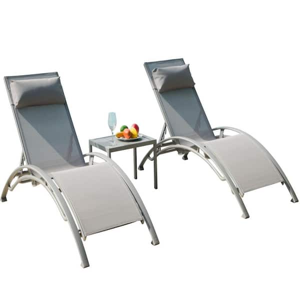 ToolCat Set of 3 Adjustable Pool Lounge Chair Aluminum Outdoor Lounge Chairs with Metal Side Table All Weather in Gray