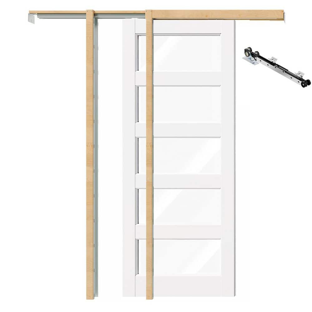 60 in. x 80 in. 5-Lite Clear Glass, White Primed, Solid Wood, MDF, Pocket Door with Soft Close, Frame and Hardware Kit price history on PriceWatchPro