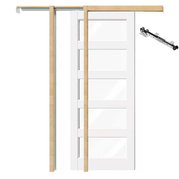(2x30) 60 in. x 80 in. 5-Lite Clear Glass White Primed Pine Wood Pocket Door with Soft Close, Frame & Hardware Kit