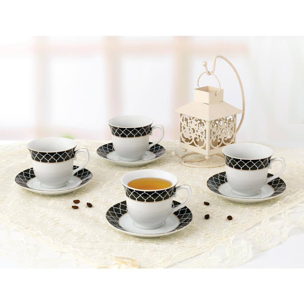 Elegant Black and Gold Porcelain Tea Cups and Saucers Set, 8 oz