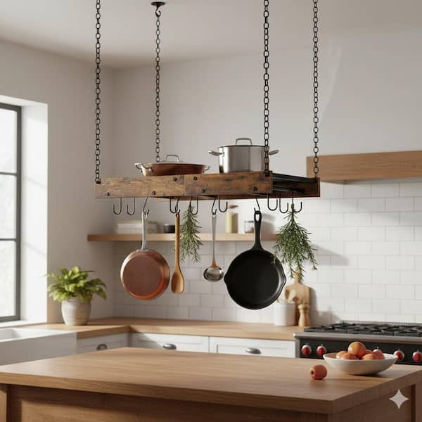 Hanging Rustic Brown and Black Ceiling Mounted Vintage Pot Rack with 12 Hooks Space-Saving Sturdy Kitchen Organizer
