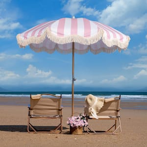 6.5ft Beech Wood Outdoor Beach Umbrella in Pink Stripe with Tassel