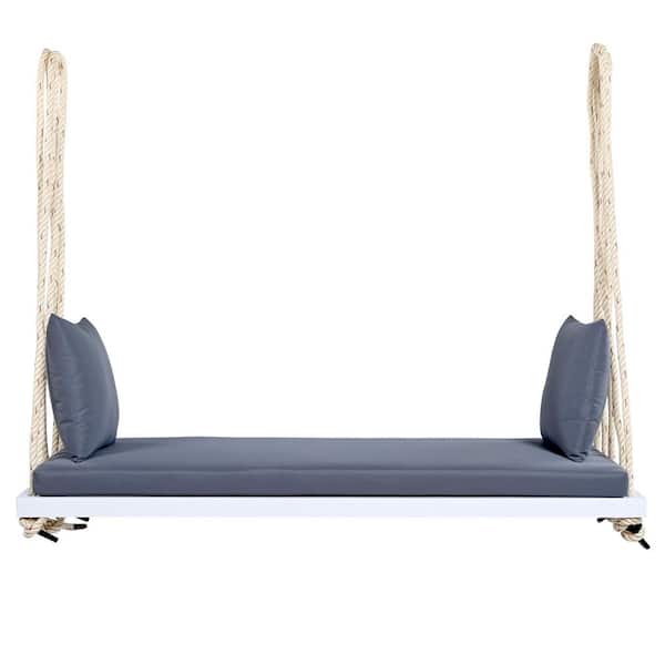 2-Person White Acacia Wood Porch Swing with Gray Cushion and Pillows, 10.8 ft. Hemp Ropes