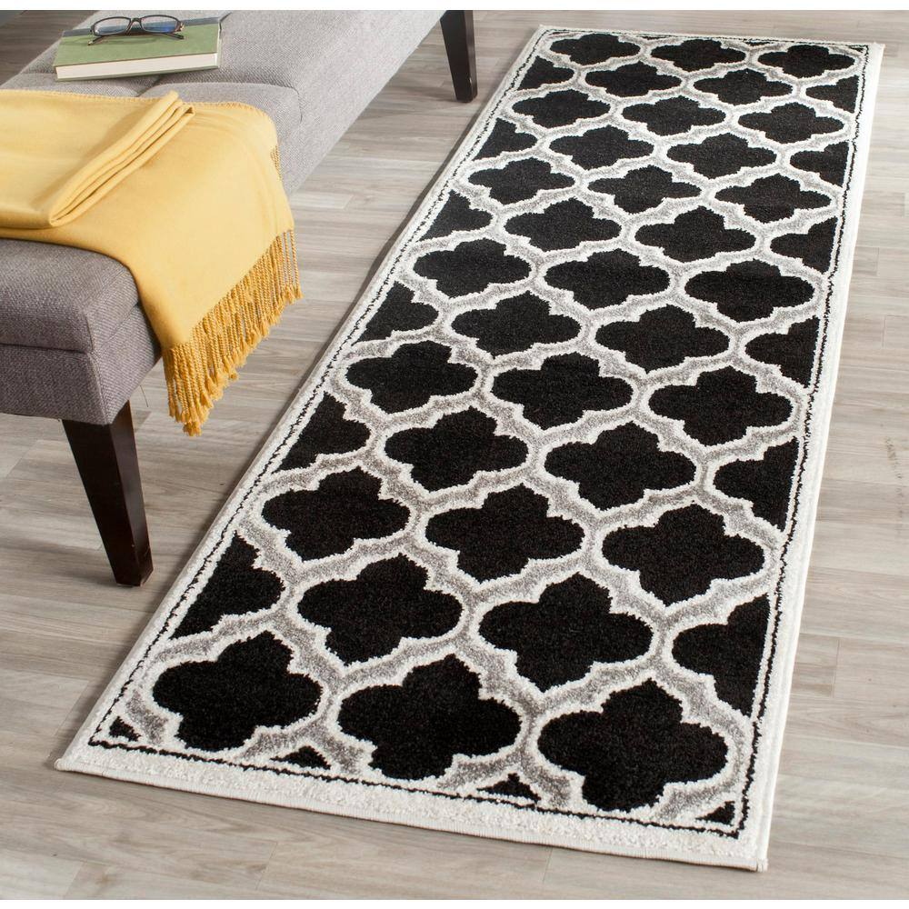 Anthracite/Ivory Geometric 2'3" X 7' Synthetic Easy-Care Runner Rug