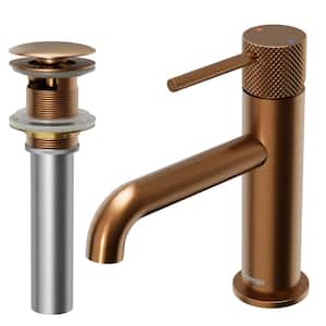 Tryst Single-Handle Single-Hole Basin Bathroom Faucet with Matching Pop-Up Drain in Brushed Copper