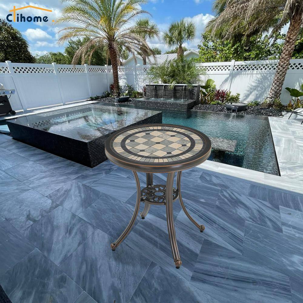 Bronze Round Cast Aluminum Outdoor Dining Table with Ceramic Top