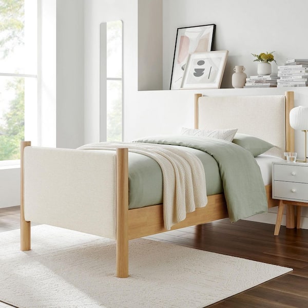 Maven Beige Wood Frame Twin Platform Bed with Upholstered Fabric Headboard and Footboard