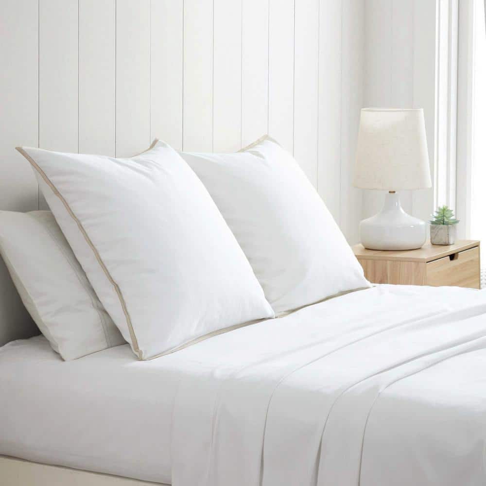 White Cotton Euro Shams with Beige Trim, 26" x 26", Set of 2