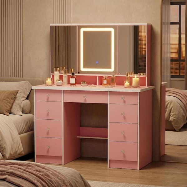 pink dressing table mirror Amazon.com: Pink Vanity Desk with Mirror and Lights, Glass Top Vanity with Lighted Mirror & RGB Cabinet and 3 Drawers, Dressing Table with 8 Shelves, Makeup Desk with Lights for Girls Bedroom,