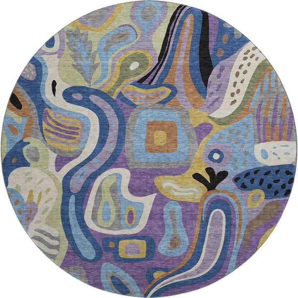 Mayfield Premium Machine Washable Abstract AMF2488 Purple 8 ft. x 8 ft. Round Rug