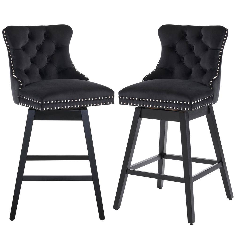 29" Black Velvet Upholstered Swivel Bar Stools with Wood Frame, Set of 2