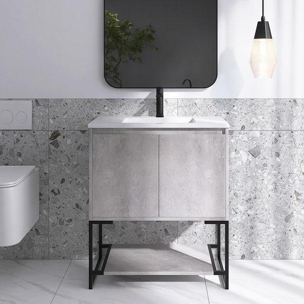 Unbranded 30 in. W x 19 in. D x 34 in. H Single Sink Freestanding Bathroom Vanity in Cement Grey with White Solid Surface Top